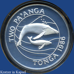 2 Pa'Anga WWF / Buckelwale, 1986 - 28,28 g. Sterlingsilber in Kapsel  ...