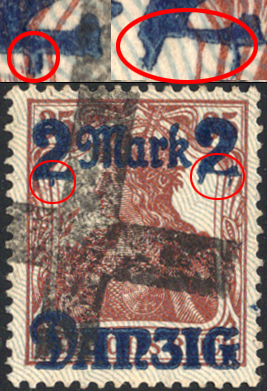 2 M a. 35 Pf Germania m. Aufdruckfehler "Füße beider Wertziffern 2 ...