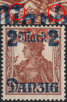 2 M a. 35 Pf Germania m. Aufdruckfehler "M u. k waagr. gebrochen", ...