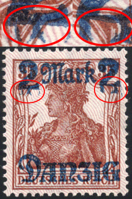 2 M a. 35 Pf Germania m. Aufdruckfehler "Füße beider Wertziffern 2 ...