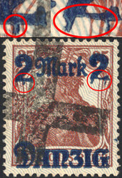 2 M a. 35 Pf Germania m. Aufdruckfehler "Füße beider Wertziffern 2 ...