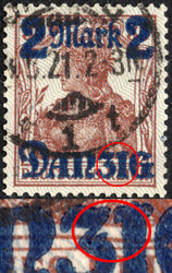 2 M a. 35 Pf Germania m. Aufdruckfehler "Bruch durch zi von Danzig" ...