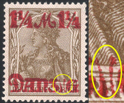 1 1/4 M a. 3 Pf Germania m. Aufdruckfehler "I senkr. gespalten", ...