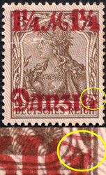 1 1/4 M a. 3 Pf Germania m. Aufdruckfehler "Z senkr. gebrochen", ...
