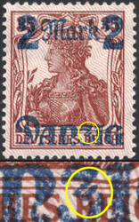 2 M a. 35 Pf Germania m. Aufdruckfehler "diagonaler Bruch ZI", ungebr ...