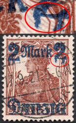 2 M a. 35 Pf Germania m. Aufdruckfehler "Füße beider Wertziffern 2 ...