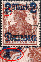 2 M a. 35 Pf Germania m. Aufdruckfehler "Fuß li. Wertziffer 2 ...