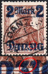 2 M a. 35 Pf Germania m. Aufdruckfehler "ZI gebrochen", rundgestpl. ...