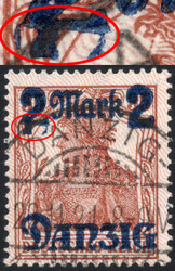 2 M a. 35 Pf Germania m. Aufdruckfehler "Fuß li. Wertziffer 2 ...