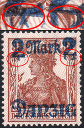 2 M a. 35 Pf Germania m. Aufdruckfehler "Füße beider Wertziffern 2 ...