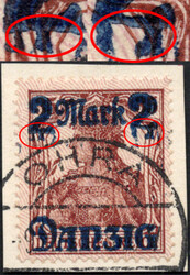 2 M a. 35 Pf Germania m. Aufdruckfehler "Füße beider Wertziffern 2 ...