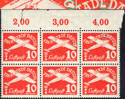 10 Pf Flugpost (VII) im OR-6er-Bl. m. beiden bekannten PF´s , postfr ...