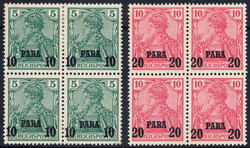 10 PA a. 5 u. 20 PA a. 10 Pf Germania in 4er-Bl., ungebr. Pracht  ...