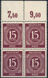 15 Pf Freimarke im OR-4er-Bl., Platte dgz, postfr. Pracht  ...