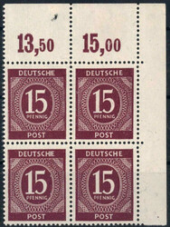 15 Pf Freimarke im OR-4er-Bl. re.o., Platte dgz, Loch im li. OR, ...