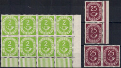 25 Pf Posthorn, senkr. und waag. Paar, dazu 2 Pf Posthorn im 8er-Bl. ...