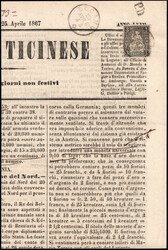 3 C Sitzende Helvetia auf ZEITUNG "Gazzetta Ticinese" mit K1 "LUGONO ...