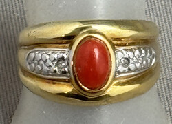 KORALLEN-RING in 333er Gelbgold, Ringkopf in 3 Abschnitten, mittiges ...