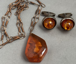 BERNSTEIN-SET: Anhänger-Kette m. Trapezförmigen Bernstein, ca. 38 x ...