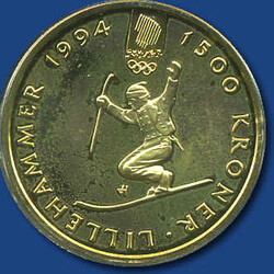 1500 Kronen Harald V Olympia Lillehammer, Telemark-Ski, 1/2 oz ...