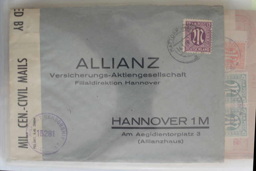 1945 AM Post, Album m. 20 Belegen, dabei Zensur, R-Briefe, EF/MeF/MiF ...