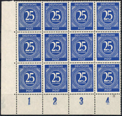 25 Pf Ziffer im Eckrand-12er-Bl. li.u., Haftstelle im Seitenrand, ...