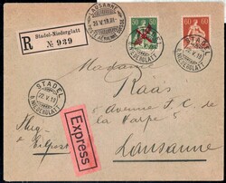 50 C Flugpost als MiF m. 60 C Helvetia auf Eil-R-Brief von Stadel ...