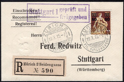 80 a. 70 C braun/gelb auf kl. R-Brief von Zürich n. Stuttgart (AKS) ...