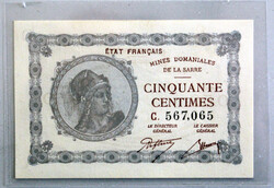 1930 SARRE: 50 Centimes / 0,5 Franc Marianne, Geldschein d. Mines ...