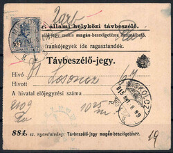 1915 Freimarke 2 Kr blau/schw. als EF a. Telefon-Billet v. MISKOLOZ, ...