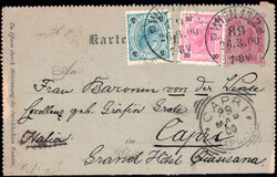 1900, 5 Kr Kartenbf. m. 5 u. 10 H ZuF v. Wien n. Capri, selte MiF ...