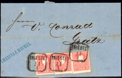 5 Kr blassrosa 3x a. kpl. Faltbrief v. TRIESTE n. Graz (AKS)  ...