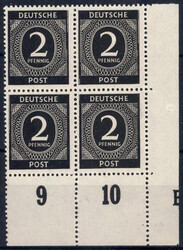 2 Pf Ziffer 4er-Bl. re.u.Ecke m. Druckerzeichen B, postfr. Luxus  ...