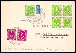 2 Pf (5x, u.a. 1x 4er-Bl.) u. 5 Pf (waagr. Paar) Posthorn a. portoger ...