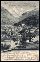 10 C zinnober a. AK "Interlaken" m. Bahnpost-Stpl. u. beiges. L2 ...