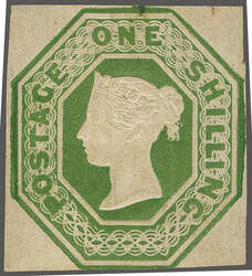 1847: Embossed 1s. green, Die I, cut square, margins close to touched ...