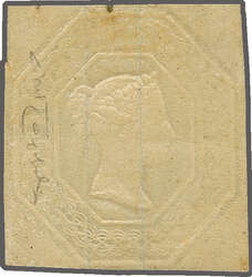 1847: Embossed 1s. green, Die I, cut square, margins close to touched ...