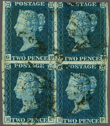 1840: 2 d. blue, plate 2, lettered GE-GF / HE-HF, a used block of ...