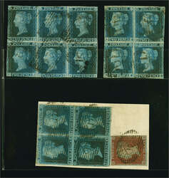 1841: 2 d. blue, plate 4, three used blocks, lettered AA-AB / BA-BB, ...