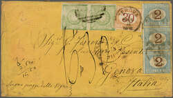 1868: Le Coq 1 d. green pair, used on 1871 cover to Genova, Italy ...