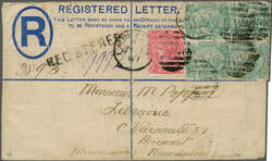 Overland via Brindisi 1887 (July 2): Registered 4 d. postal ...