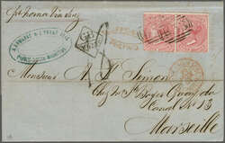 1863: 4 d. rose, wmk. Crown CC, a horizontal pair used on 1864 entire ...