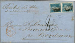 1859 (Dec): Dardenne 2 d. blue, a vertical pair with clear to large ...