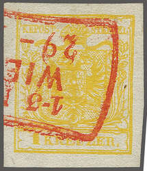 Wien und Vorstädte, 1 Kr. chromgelb in Type III, farbfr. und ...