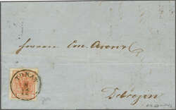 Tokayer Durchstich 1850: 3 Kr. rot Type IIIa, ein farbfr. Stück mit ...