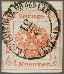 Segnatasse per Giornali / Zeitungsstempelmarke 1858: 4 kr. rosso ...