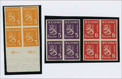 1945: Lion Coat of Arms 5 m.-6m., three imperforated blocks of four, ...