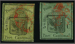 1846/7: Lot zwei Genfer Kantonalmarken mit Gr. Adler (SBK 6) und Gr. ...