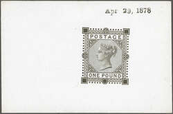 1878: De La Rue Die Proof for £ 1 value, printed in black on glazed ...