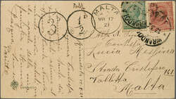 1921 (March 13): Picture postcard from Italy to Malta franked 5 & 10 ...